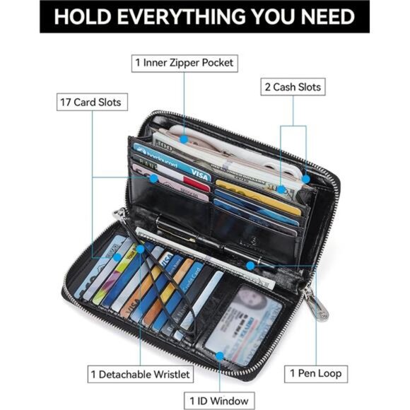 Leather Wallets for Women RFID Blocking Credit Cards Holder Phone Clutch Black - Picture 2 of 7